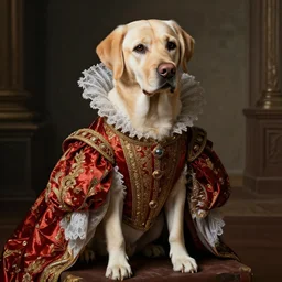 a labrador dog wearing royal clothes, renaissance painting, high quality, queen clothes, light brown dog, high detail