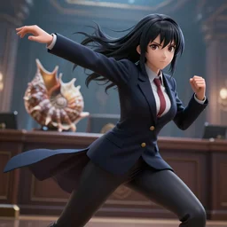 beautiful lawyer in court, anime, beautiful , epic angle and pose, 3d with depth of field, blurred background, female, nautilus. A highly detailed epic cinematic concept art CG render. made in Maya, Blender and Photoshop, octane render, excellent composition, cinematic dystopian brutalist atmosphere, dynamic dramatic cinematic lighting, aesthetic, stylized, very inspirational, Koda Kazuma, Hidetaka Miyazaki, Tetsuya Nomura, Yusuke Murata