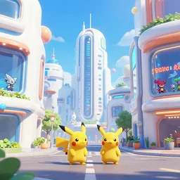 a future urban city, white buildings + colorful decorative + led billboards, cute scene, cute pokemon walking on the street, dokev, ratchet & clank, overwatch,