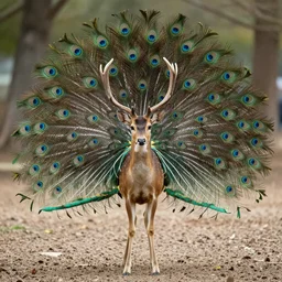 a feathered deer with peacock feathers, national geographic, photorealistic, photo, nature photography, trending on artstation, highly detailed, full body