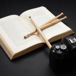 studio photography of book with drum sticks, DLSR Photograph