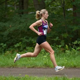 a female runner with blonde hair in a ponytail running a race through the woods, photorealistic