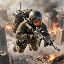 A guy with a M40A3 with an ACOG scope, wearing a jetpack, flying over a crumbling smouldering cityscape, detailed, 4k, award winning, render