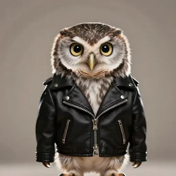cute little owl wearing black biker jacket, portrait photo, backlit, studio photo, muted color swirls background, owl wearing jacket