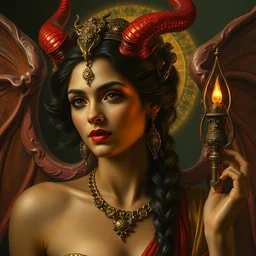 detailed potrait of pretty 8 0's srilankan woman as devil greek goddes in baroque style, painting by james jean, craig mullins, j. c. leyendecker, lights, art by ernst haeckel,