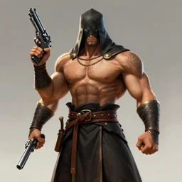 muscular buff monk with a pistol