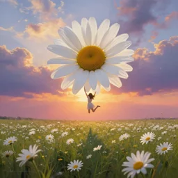 giant white daisies flower as head, girl jumping in a flower field, surreal photography, sunrise, dramatic light, impressionist painting, colorful clouds, digital painting, artstation, simon stalenhag