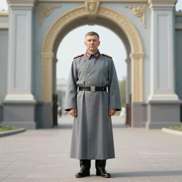 A soviet officer wearing long robe in front of a magical portal gateway, view from back illustration by greg rutkowski, thomas kindkade, alphonse mucha, loish, norman rockwell, artstation