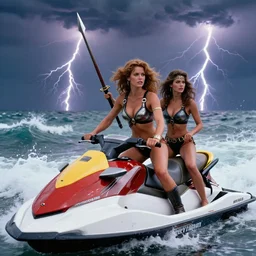 film still charlie's angels ( 1 9 7 6 ) as a viking women with weapons riding on a jet skis, wearing skin - tight futuristic valkerie bikinis, rough seas in background, lightning storms, water world, mad max, hyper - realistic, highly detailed, accurate, 8 k octane render, 2 8 mm, wide angle, rule of thirds