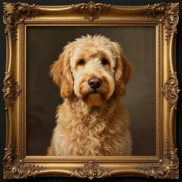 body photograph of a golden doodle in a picture frame, deep focus, intricate, elegant, regal, highly detailed, digital painting, artstation, concept art, matte, sharp focus, illustration, d & d, fantasy, hearthstone, art by artgerm and greg rutkowski and alphonse mucha