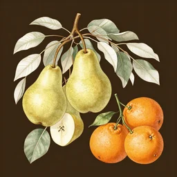 a botanical illustration of pears and thin leaves, and oranges, dark brown background, vintage illustration