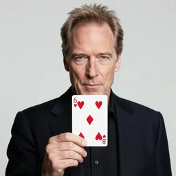 photo of a patrick stewart holding up the playing card 6 of hearts