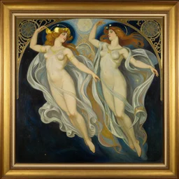 highly detailed art deco framed painting of gemini goddesses fully clothed in celestial gowns floating in space zoomed out by tamara de lempicka