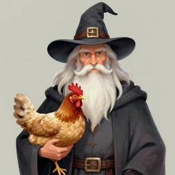 a fantasy storybook illustration of a portrait of wizard with a long white beard and a wizard hat holding a pet chicken