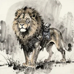 a mysterious loose brushwork ink sketch of a steampunk lion by edward hopper in the style of oriental art, dynamic lighting
