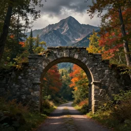 A beautiful hyper realistic detailed matte painting of an old stone archway over a pathway through a colorful forest, dramatic sky, dramatic mountains in background, dramatic lighting, dynamic lighting, cinematic lighting, lit by morning light, by Raphael Lacoste and John Howe and Andreas Rocha, unreal engine, featured on artstation