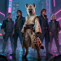 beautiful full-body portrait commission of a (female furry anthro!!! spotted hyena fursona) (wearing jedi robes) (in a cyberpunk city at night in the rain). Neon light. Atmospheric. Renowned character illustration by greg rutkowski, thomas kindkade, alphonse mucha, loish, norman rockwell. detailed, dungeons and dragons character art