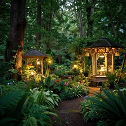 a storybook garden of secrets in deep forest lighting