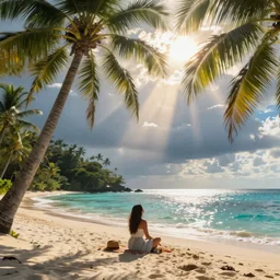 Tropical beach paradise, person sits on beach staring into heaven, digital art