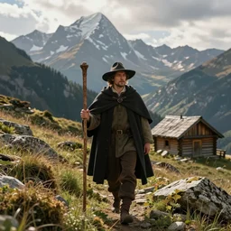 a man in a cloak and a brimmed hat with a staff is wandering trough the mountains with a wooden cabin in the distance in the style of neo-romanticism