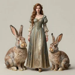 portrait of an attractive woman, wearing a long dress, standing next to a rabbit | fantasy, character, realism, intricate details | exif, very detailed, intricate details | cgsociety, trending on artstation | by bastien lecouffe - deharme & steve henderson