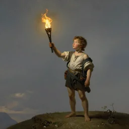 concept art, the kid holding a torch standing alone at hill looking forward and hope, fine detail, 4 k, sharp image, trending on artstation, by adriaen van ostade