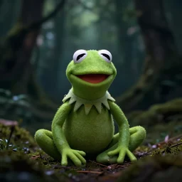 photo of kermit the frog in a dark forest. blury. flash. obscurity. dark background