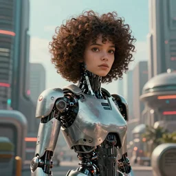 a curly - haired cyborg in a retrofuturistic city by david a hardy and noriyoshi ohrai, highly detailed, cinematic composition, trending on artstation, octane render, 8 k