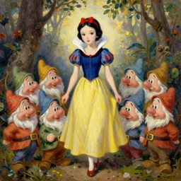 snowhite and seven dwarfs, oil painting, style of Zuzana Chalupova