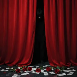 lonely dark character behind red curtains, surrounded by red curtains, bank notes and red roses on the ground, dark, sad, dystopian, behind the scene, by rokas aleliunas and zdzisław beksinski, smooth, octane, trending on artstation, red and black, no watermark, textless