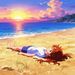 girl laying in the sand next to ocean in sunset, sprite, vaporwave nostalgia, directed by beat takeshi, visual novel cg, 8 0 s anime vibe, kimagure orange road, maison ikkoku, initial d, sketch by osamu tezuka, directed by hideki anno, wallpaper, ultra hd, vlc screenshot
