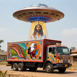 UFO hovering over an African Jesus , colourful, in the style of Nigerian truck art,