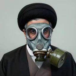 detailed 6 0 0 mm realistic photography of iranian ayatollah wear gas mask, nuances of the human face and subtle shifts in tonal value, silhouette composition, neutral, cool - toned palette, fluid, powerful composition, opaque paints, symmetrical