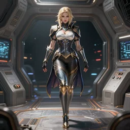 portrait of a beautiful full body female boss elden ring with default pose in a spaceport, d & d, fantasy, front light, intricate, muscular, highly detailed, digital painting, artstation, concept art, smooth, sharp focus, illustration, art by simon bisley and greg rutkowski and alphonse mucha, 8 k