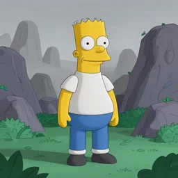 photorealistic matte painting of mr burns of the simpsons standing far in misty overgrowth undergrowth jagged rock features volumetric fog light rays high contrast dawn
