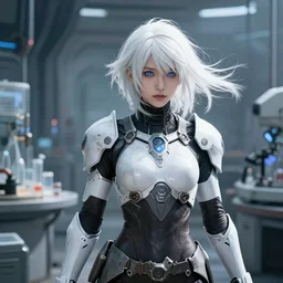 perfect white haired girl, warframe armor, beautiful, pretty face, blue eyes, detailed, windy weather, scifi, platform, laboratory, experiment, 4 k, ultra realistic, epic lighting, high detail, masterpiece, by akihito tsukushi, charlie bowater, ross tran