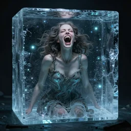 a surreal biomorphic woman screaming with joy inside a froze cube of blinking electrons, in the style of hieronymus bosch detailed masterpiece, atmospheric, shadowy, cinematic, digital art, 4 k