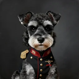 portrait of stoic looking miniature schnauzer, military uniform, black fir, white eyebrows, fantasy, intricate, elegant, highly detailed, centered, dark, smokey, charcoal painting, digital painting, artstation, concept art, smooth, sharp focus, illustration, art by rembrandt, art by johannes vermeer