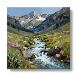 bob ross painting of a mountain stream rendered