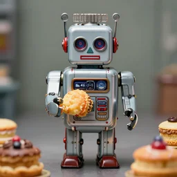 closeup portrait of tin toy robot eating tin toy cakes, depth of field, zeiss lens, detailed, symmetrical, centered, fashion photoshoot, by nicoletta ceccoli, mark ryden, lostfish, breathtaking, 8 k resolution, extremely detailed, beautiful, establishing shot, artistic, hyperrealistic, octane render