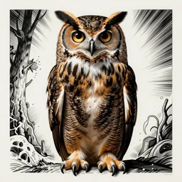 beautiful hyperrealist highly detailed cinematic lighting studio portrait of a great horned owl, symmetrical full body, high contrast wood engraving, moebius and charles burns comic style, shocking detail trending on artstation 8 k