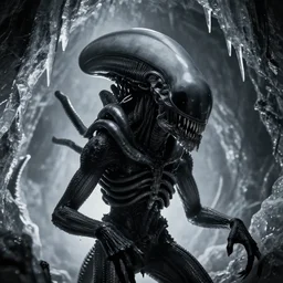 xenomorph in ice cavern, close up photo, creepypasta, monochromatic