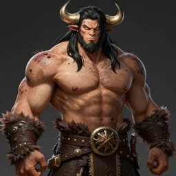 portrait of a heavily scarred tall muscular bull man barbarian with long black hair, fursona, furry art