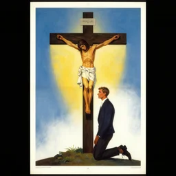 by herbert bayer beautiful graphic full body portrait, a man kneeling at the base of the christian cross, poster art 1 9 7 0 s illustrated advertising art, painterly character design