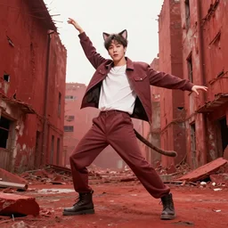harmony of red abandoned city, cute handsome yoongi with cat ears & tail wearing jacket & pants, amazing composition & dynamic posing, by franz xavier leyendecker, wlop! muted colors, highly detailed, fantasy art by craig mullins, thomas kinkade cfg _ scale 9
