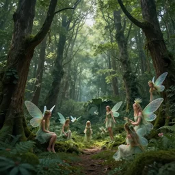 sanctuary in the forest, there are fae playing amongst the trees, beautiful, surreal, highly detailed