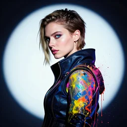mia malkova as cyberpunk hacker, side portrait, striking, defiant, spotlight, paint drips, paint splatter, vibrant colors, beautiful eyes, futuristic clothing, by marco paludet and gianni strino and marion bolognesi