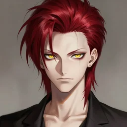 portrait of hisoka morow hunter hunter, male, small eyes very thin pursed lips extremely sharp jaw yellow eyes narrow almond eyes sultry eyes dark red hair soft hair slicked back crimson hair anime, madonna bowie elegant, highly detailed, digital painting, artstation art by artgerm and greg rutkowski and alphonse mucha