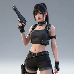photograph of a techwear mixed young woman holding a Gun, detailed, artstation, concept art, Unreal Engine 5 render, 8K