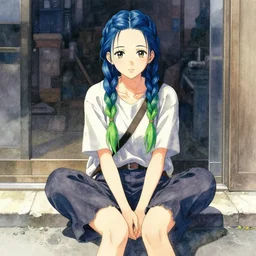 concept art, pretty! girl sitting on street, braids blue and green, singular, junichi higashi, isamu imakake, intricate, balance, ultra detailed, watercolor, full far frontal portrait, volumetric lighting, cinematic lighting + masterpiece,